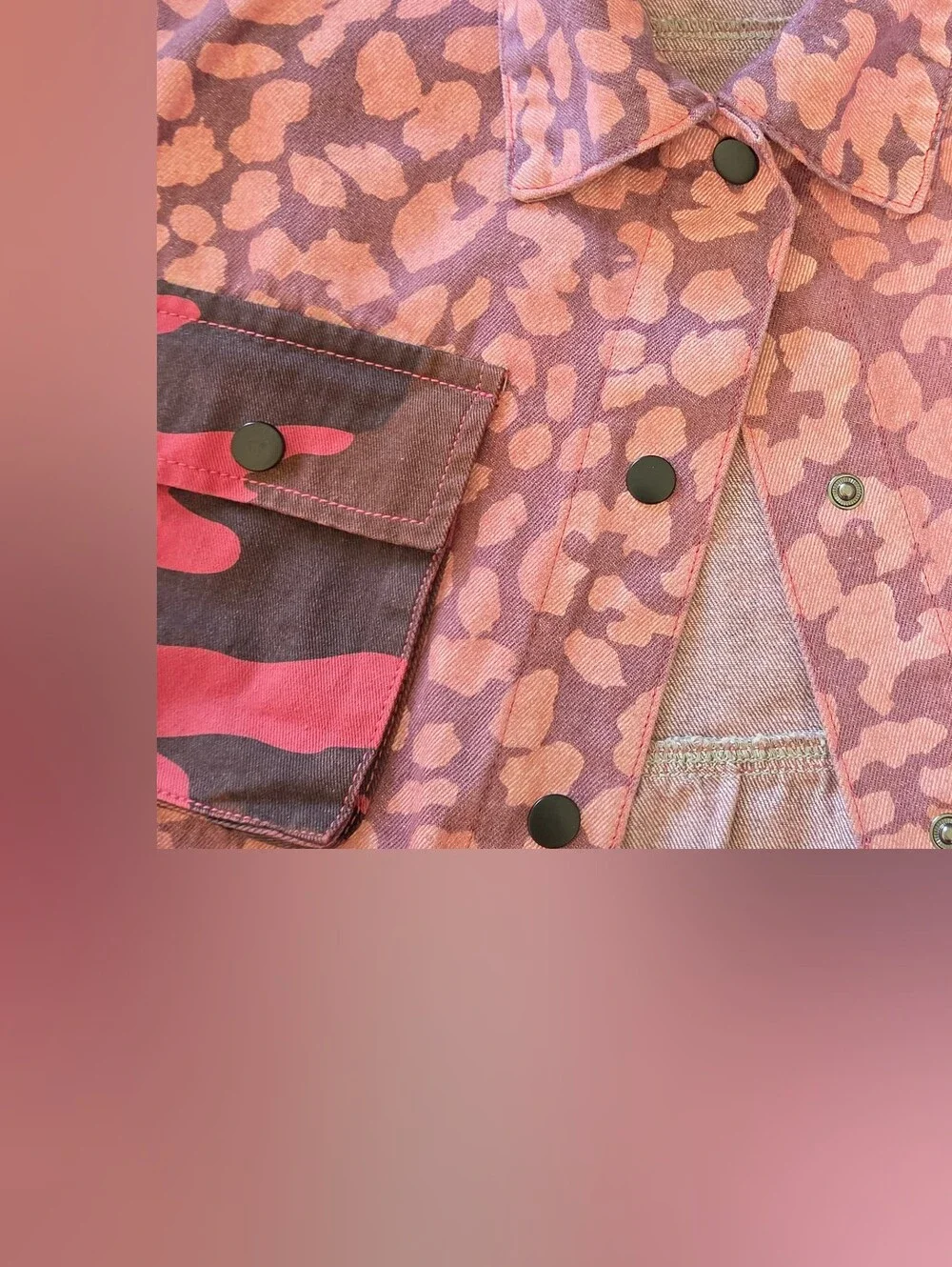 J.nna S Pink|Purple Camo LEOPARD  Print Peplum Shacket Utility Denim Jacket